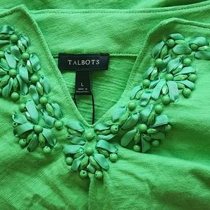 Talbots Kelly green 3/4 sleeve tee/top w/ beaded flower neckline Size Large